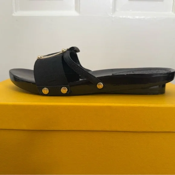 FENDI Authentic Black Wooden Slide Sandals w/ Logo Canvas & Gold Buckle, size 37 - Picture 2 of 9